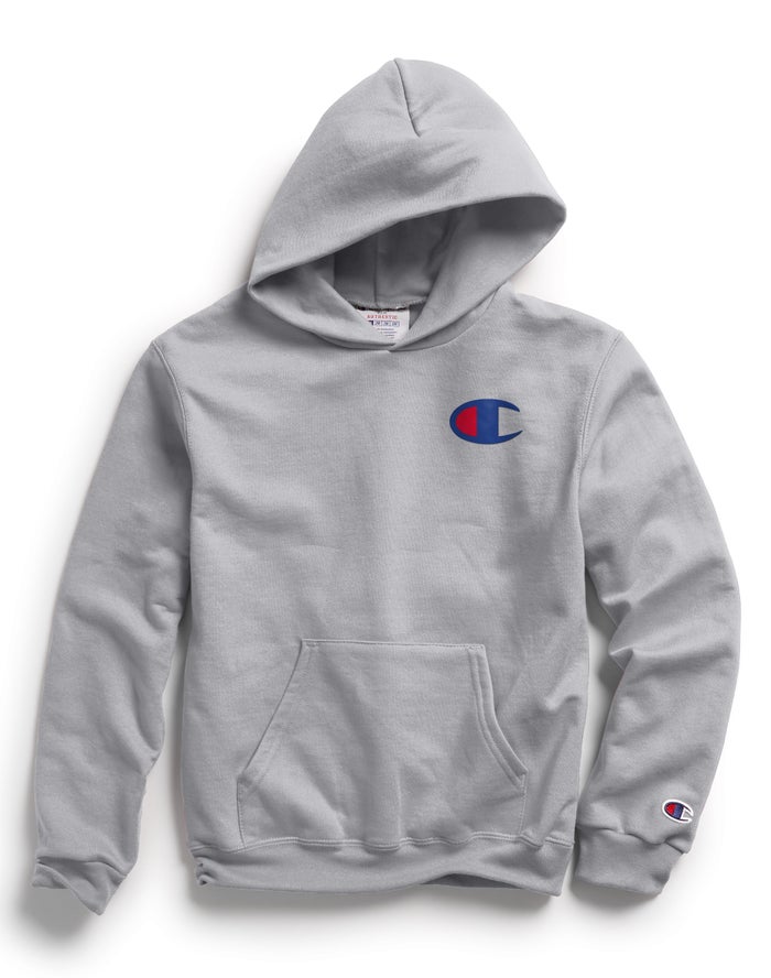 Champion Double Dry Giant C Logo Kiz Çocuk Kapşonlu Sweatshirt Gri ( GHKVPR937 )